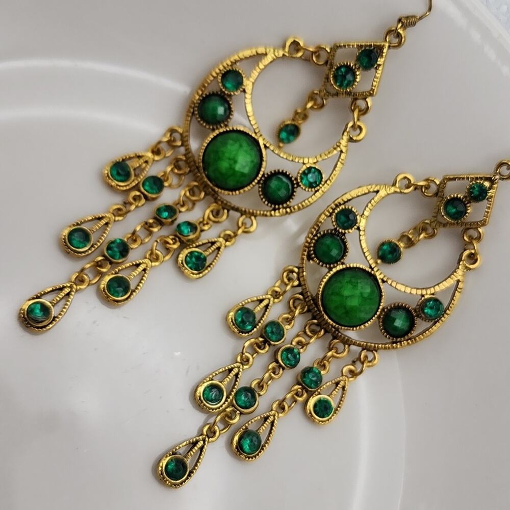 Wandering Muse Gold Green Stone Dangling Earrings - Picture 2 of 7